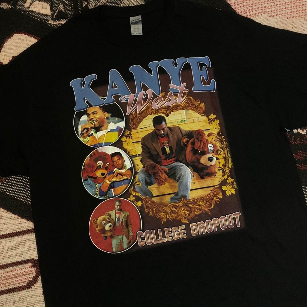 Gildan Black Kanye West 'College Dropout' Graphic Tee with Blue and Gold Print